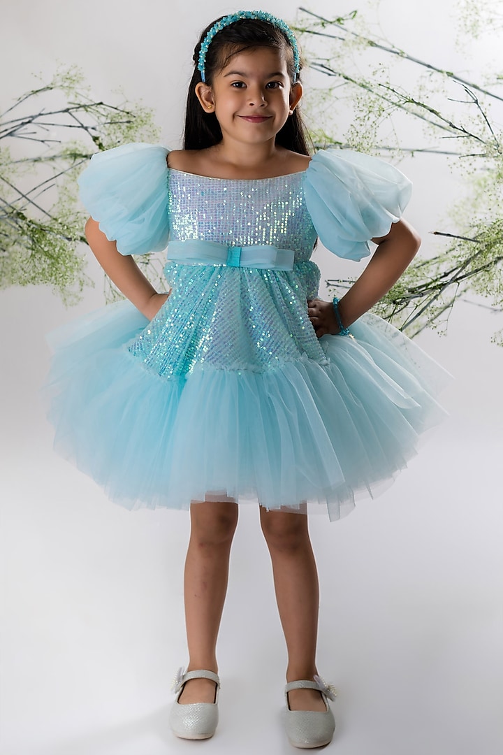 Powder Blue Sequins & Net Dress For Girls by Li'l Angels