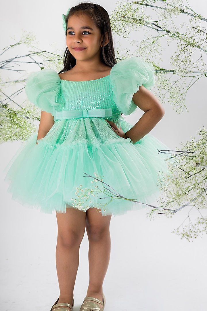 Green Sequins & Net Dress For Girls by Li'l Angels