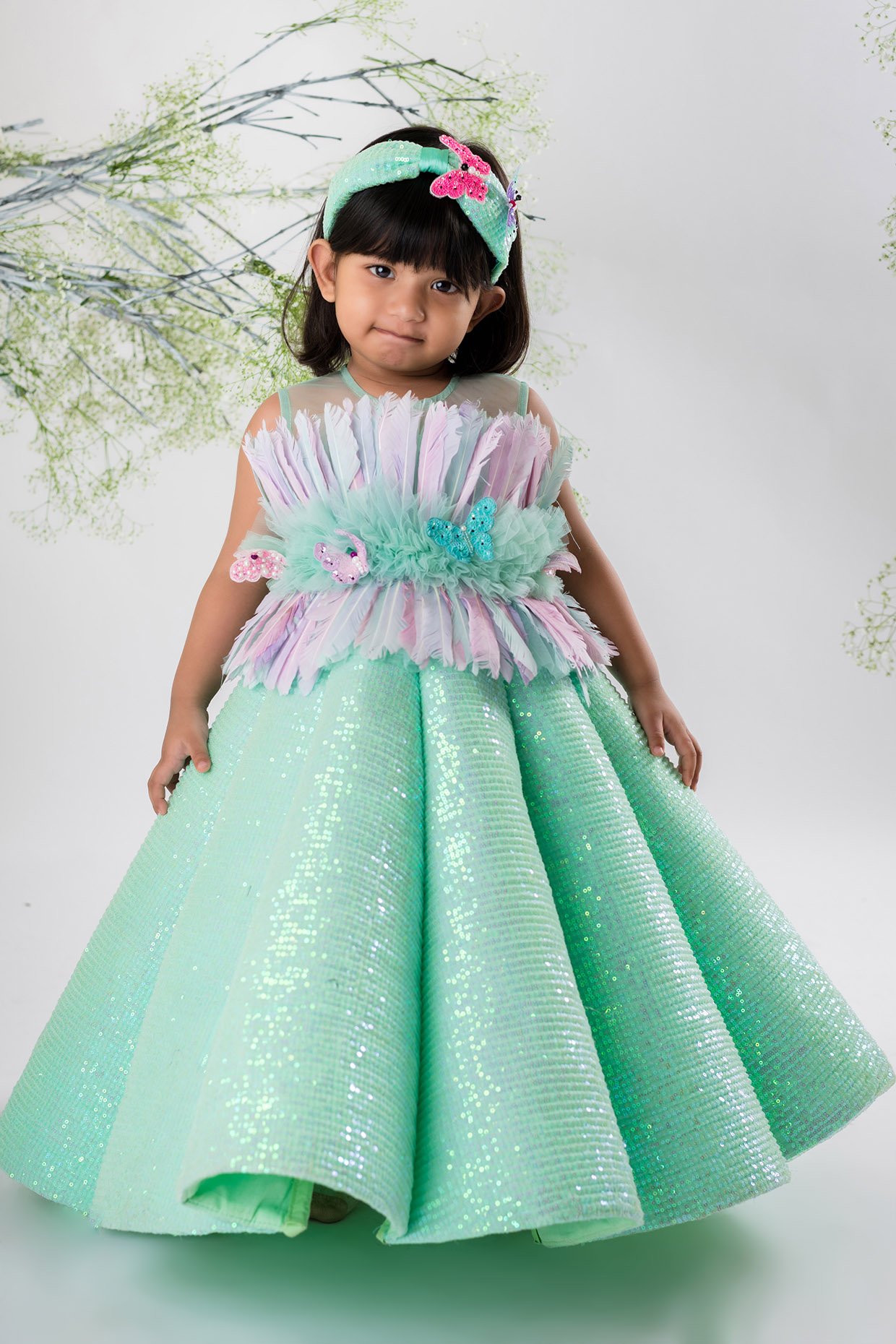 Green Sequins & Net Structured Gown For Girls by Li'l Angels at Pernia's Pop Up Shop