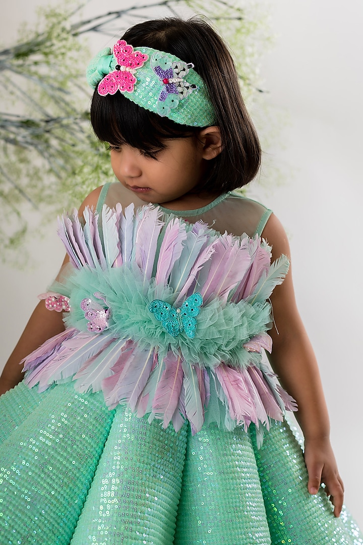Green Sequins & Net Structured Gown For Girls by Li'l Angels at Pernia's Pop Up Shop