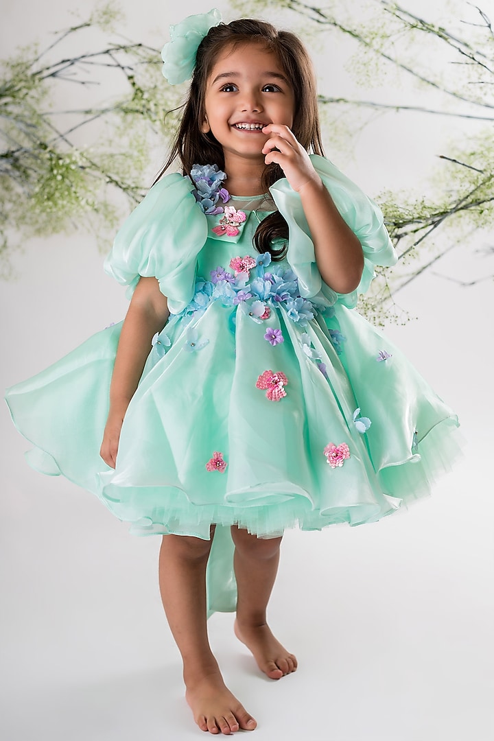 Green Organza & Net Embroidered Dress For Girls by Li'l Angels
