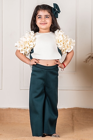 Off-White & Emerald Green Scuba Co-Ord Set For Girls by Li'l Angels