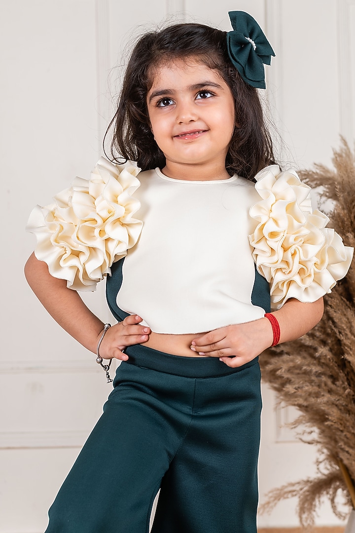 Off-White & Emerald Green Scuba Co-Ord Set For Girls by Li'l Angels at Pernia's Pop Up Shop
