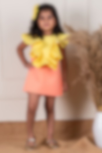 Peach & Yellow Scuba Ruffled Dress For Girls by Li'l Angels at Pernia's Pop Up Shop