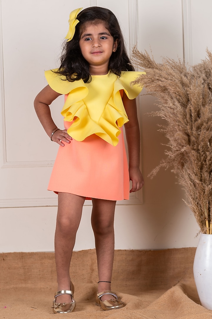 Peach & Yellow Scuba Ruffled Dress For Girls by Li'l Angels at Pernia's Pop Up Shop