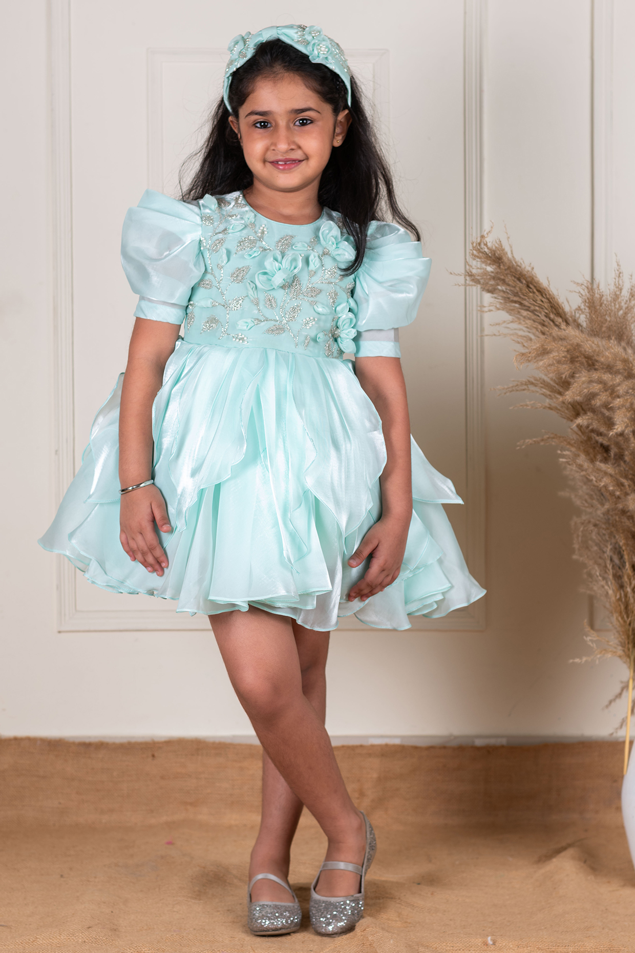 Teal Satin Organza 3D Floral Embroidered Dress For Girls by Li'l Angels at Pernia's Pop Up Shop