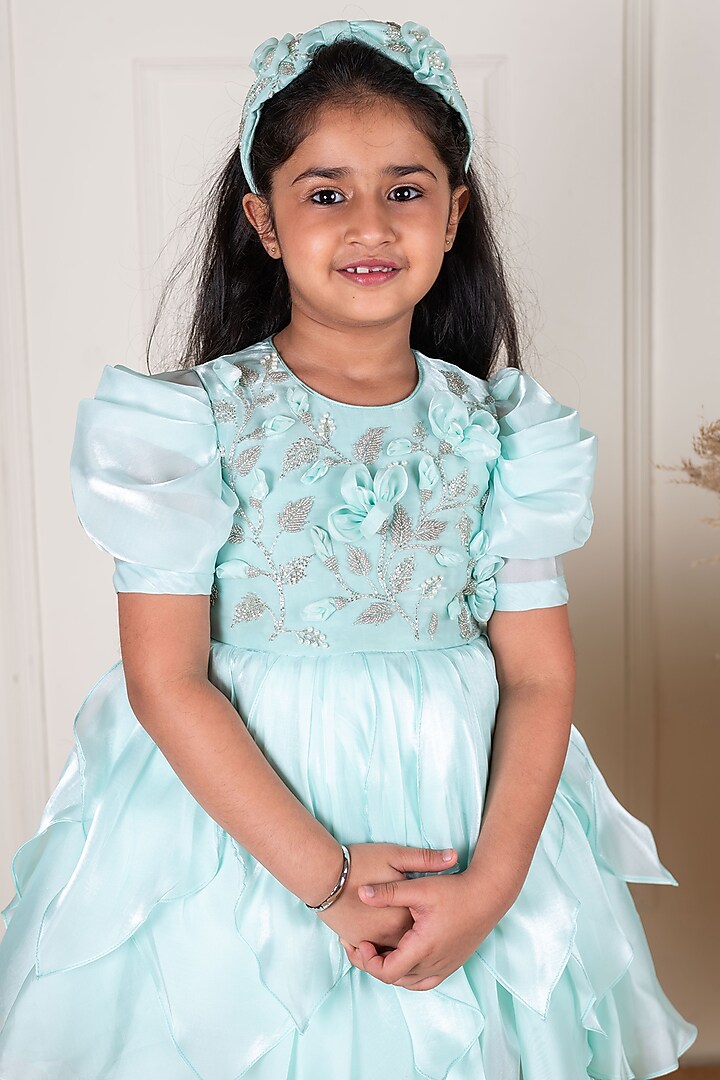 Teal Satin Organza 3D Floral Embroidered Dress For Girls by Li'l Angels at Pernia's Pop Up Shop
