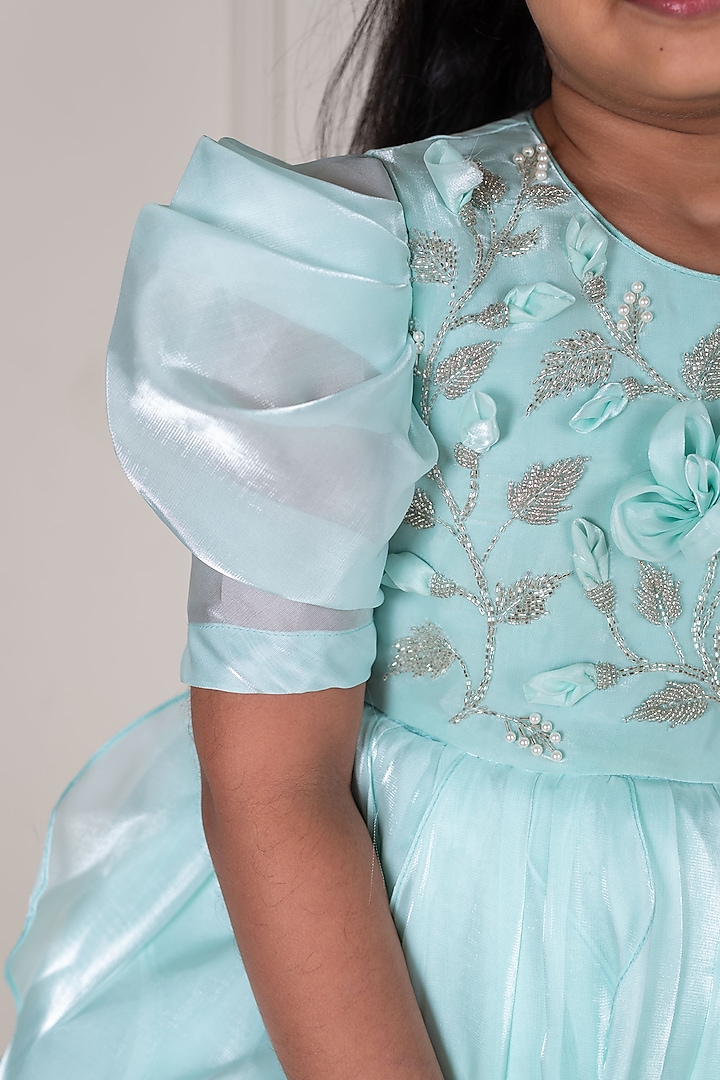 Teal Satin Organza 3D Floral Embroidered Dress For Girls by Li'l Angels at Pernia's Pop Up Shop