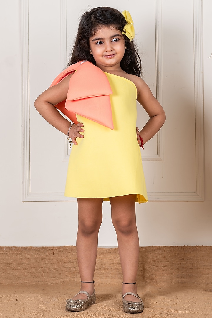 Peach & Yellow Scuba One-Shoulder Bow Dress For Girls by Li'l Angels at Pernia's Pop Up Shop
