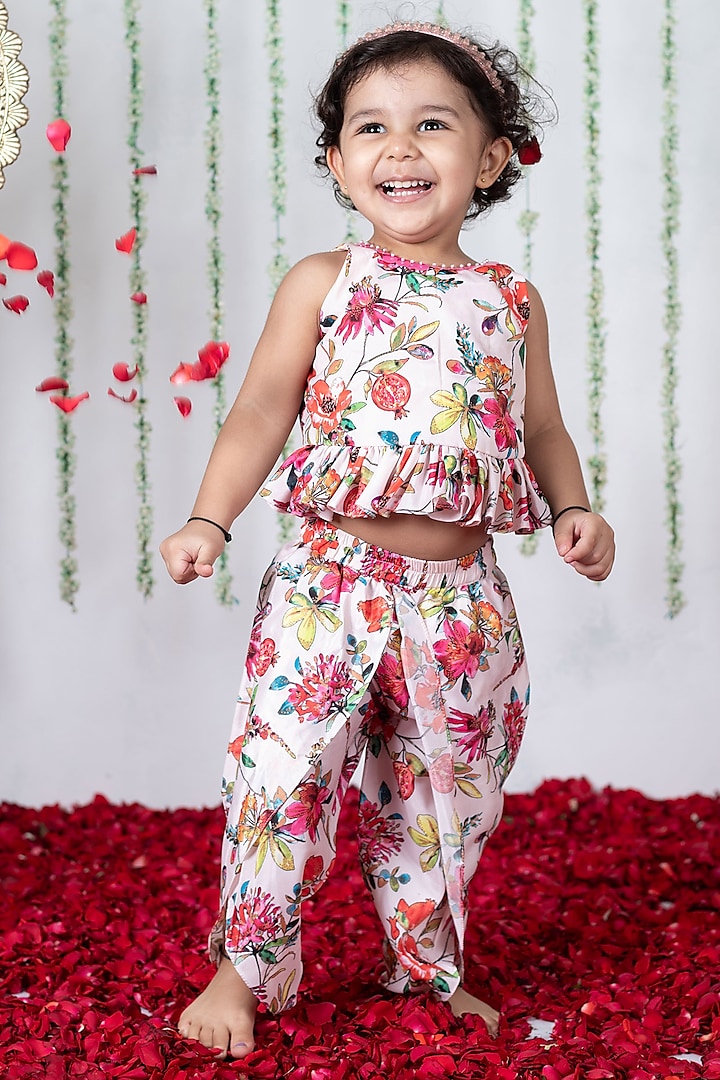 Multi-Coloured Crepe Floral Printed Dhoti Set For Girls by Li'l Angels at Pernia's Pop Up Shop