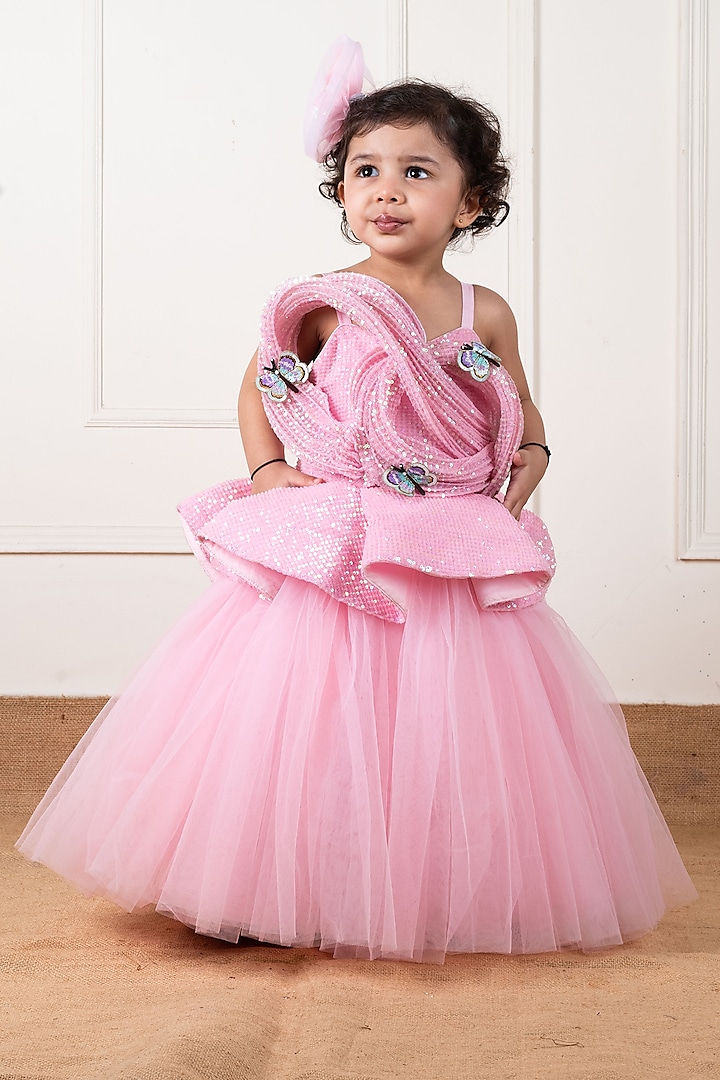 Pink Dupion & Net Draped Gown For Girls by Li'l Angels at Pernia's Pop Up Shop