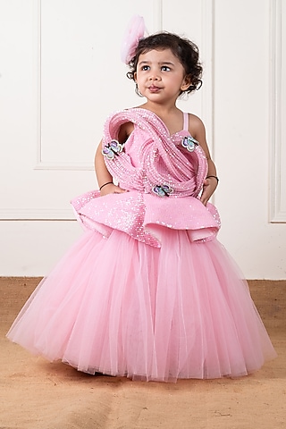 Pink Dupion & Net Draped Gown For Girls by Li'l Angels