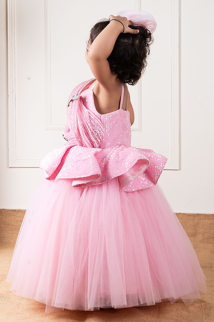 Pink Dupion & Net Draped Gown For Girls by Li'l Angels at Pernia's Pop Up Shop
