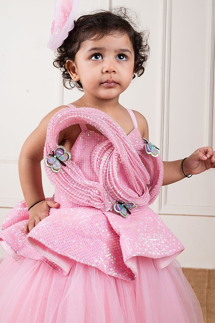 Pink Dupion & Net Draped Gown For Girls by Li'l Angels at Pernia's Pop Up Shop