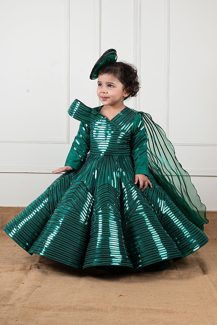 Green Samo Silk & Organza Metallic Lace Gown For Girls by Li'l Angels at Pernia's Pop Up Shop