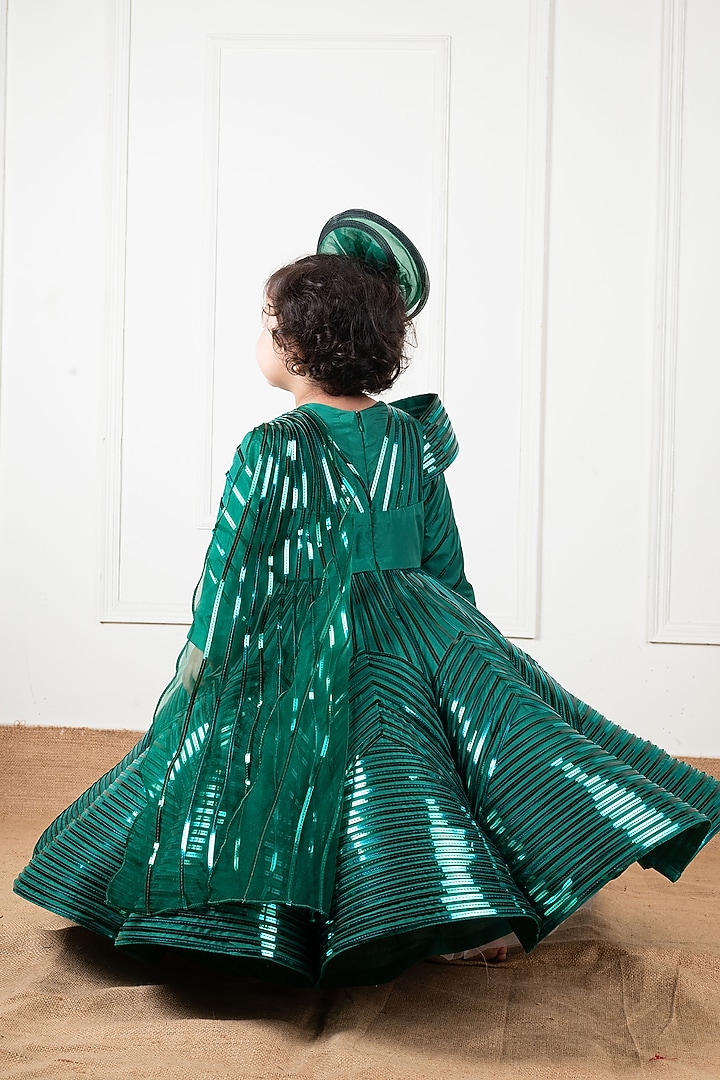 Green Samo Silk & Organza Metallic Lace Gown For Girls by Li'l Angels at Pernia's Pop Up Shop