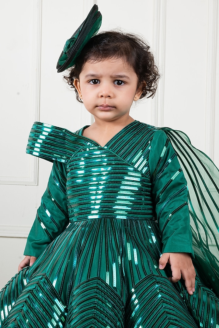 Green Samo Silk & Organza Metallic Lace Gown For Girls by Li'l Angels at Pernia's Pop Up Shop