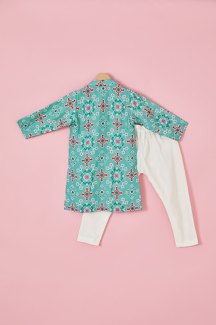 Green Silk Hand Embroidered Kurta Set For Boys by Li'l Angels at Pernia's Pop Up Shop