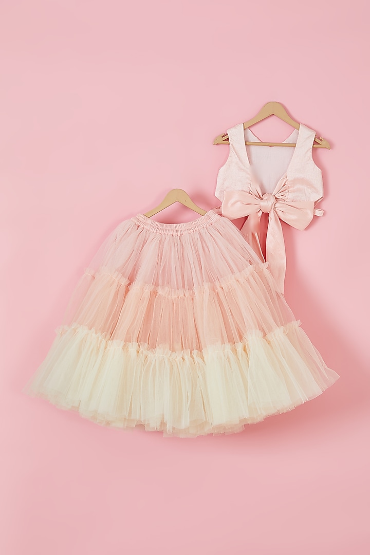 Peach & Off-White Net Hand Embroidered Lehenga Set For Girls by Li'l Angels at Pernia's Pop Up Shop