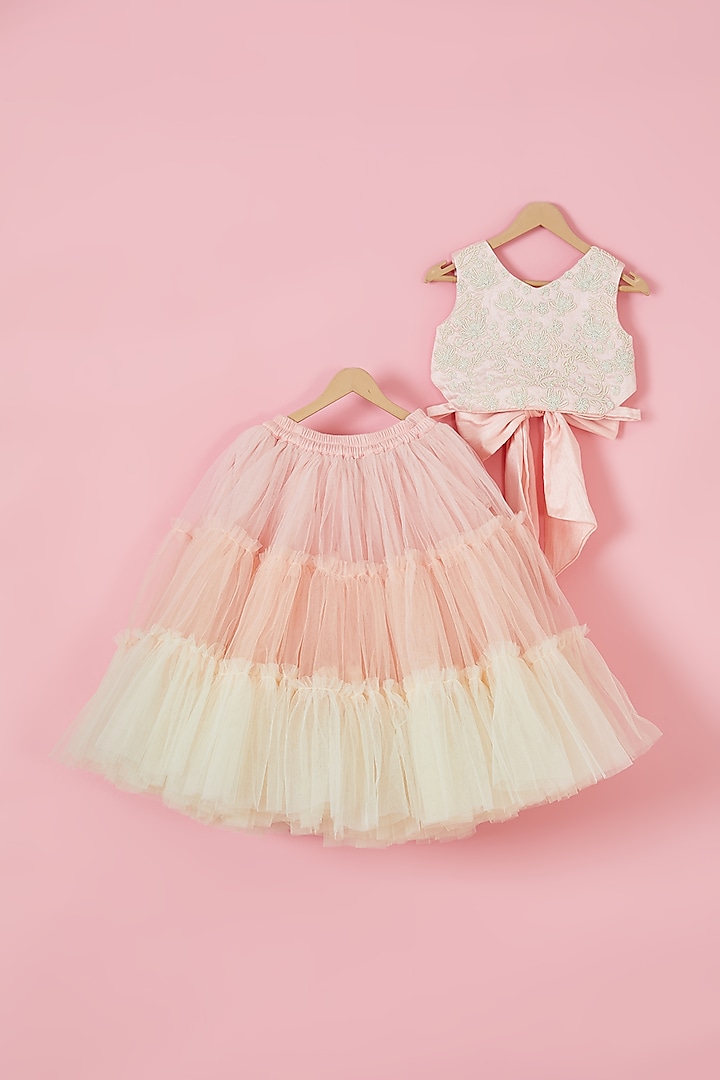 Peach & Off-White Net Hand Embroidered Lehenga Set For Girls by Li'l Angels