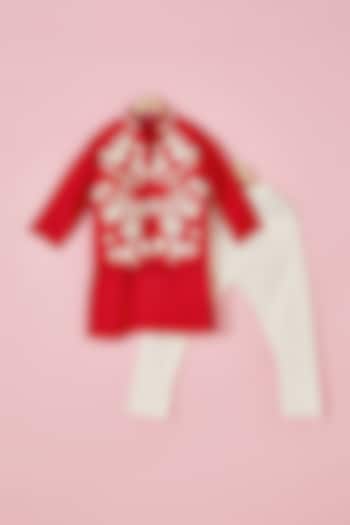 Red Silk & Cotton Silk Embroidered Nehru Jacket Set For Boys by Li'l Angels