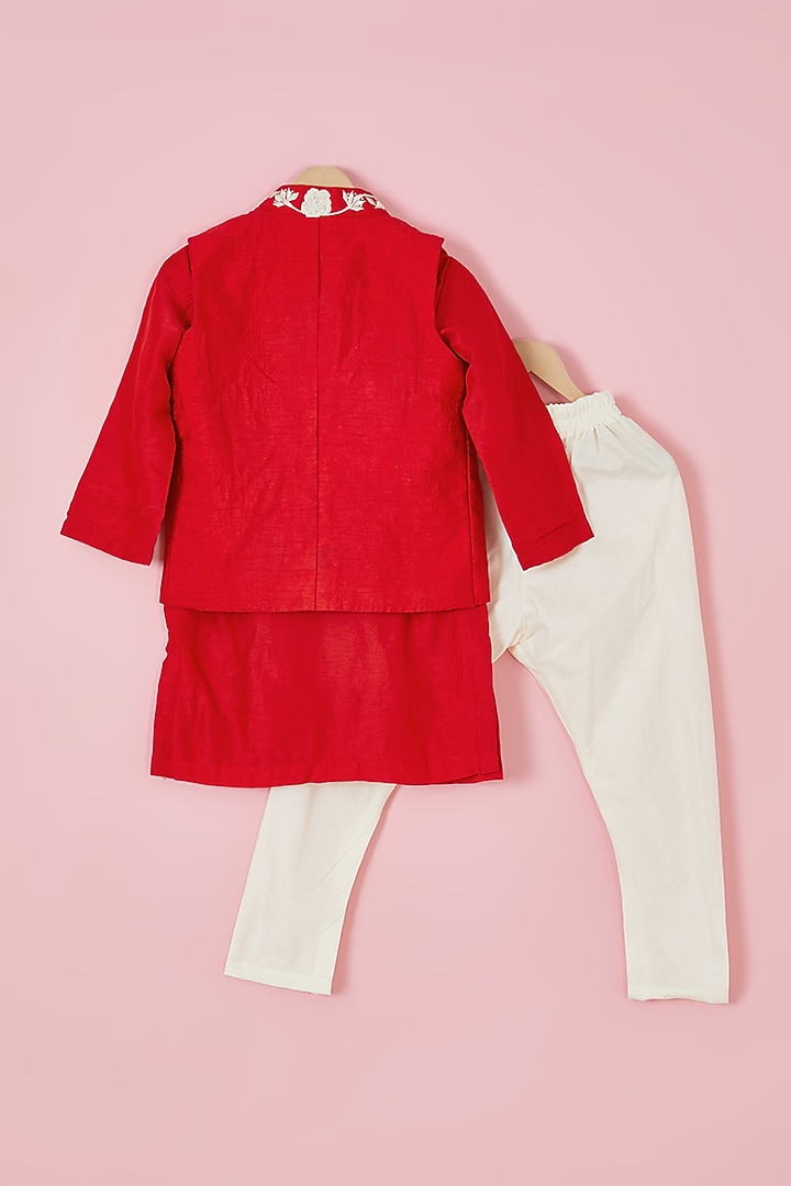 Red Silk & Cotton Silk Embroidered Nehru Jacket Set For Boys by Li'l Angels at Pernia's Pop Up Shop