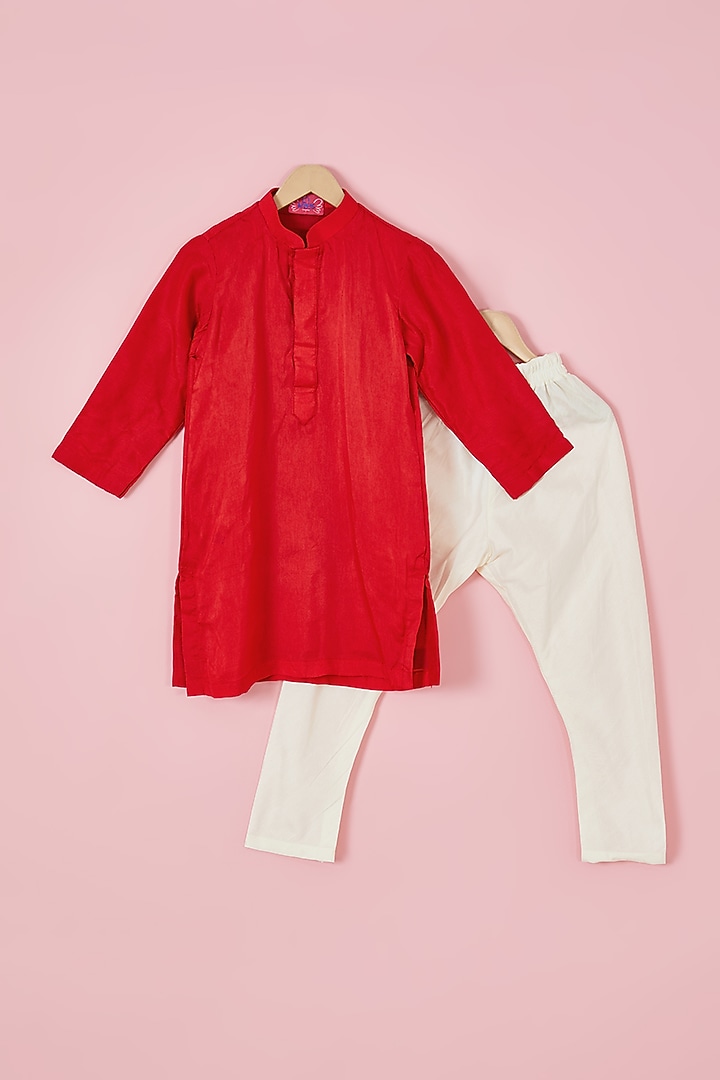 Red Silk & Cotton Silk Embroidered Nehru Jacket Set For Boys by Li'l Angels at Pernia's Pop Up Shop