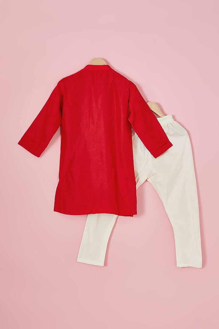 Red Silk & Cotton Silk Embroidered Nehru Jacket Set For Boys by Li'l Angels at Pernia's Pop Up Shop