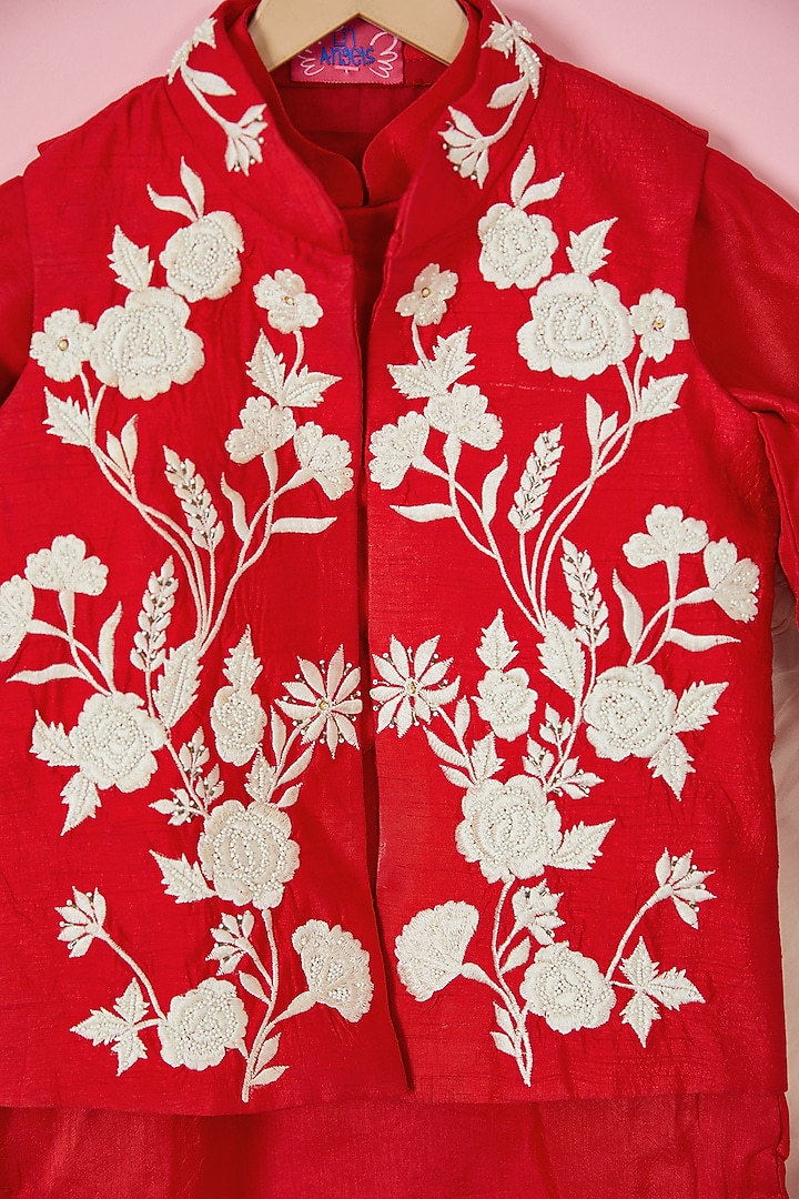 Red Silk & Cotton Silk Embroidered Nehru Jacket Set For Boys by Li'l Angels at Pernia's Pop Up Shop