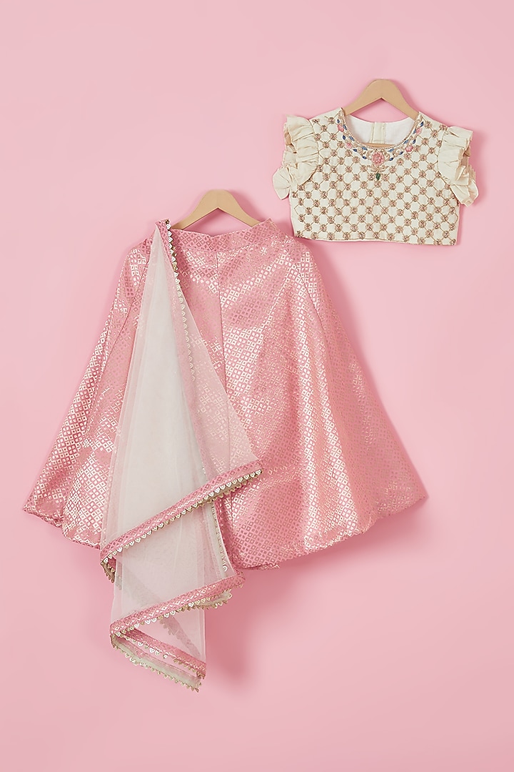 Pink Brocade & Silk Lehenga Set For Girls by Li'l Angels at Pernia's Pop Up Shop