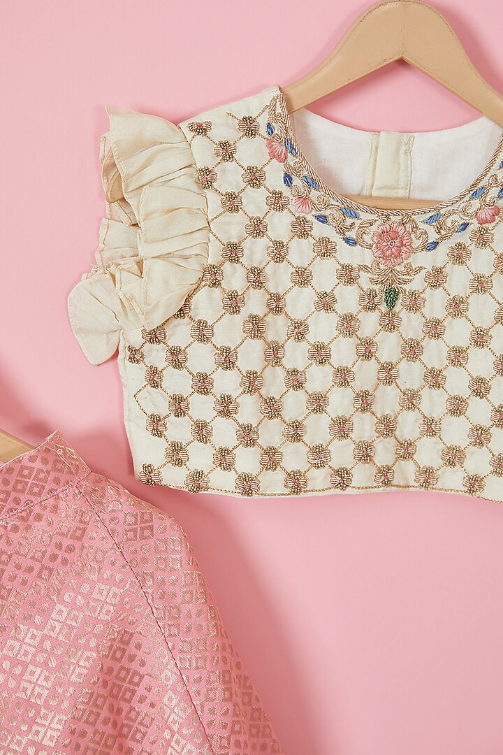 Pink Brocade & Silk Lehenga Set For Girls by Li'l Angels at Pernia's Pop Up Shop
