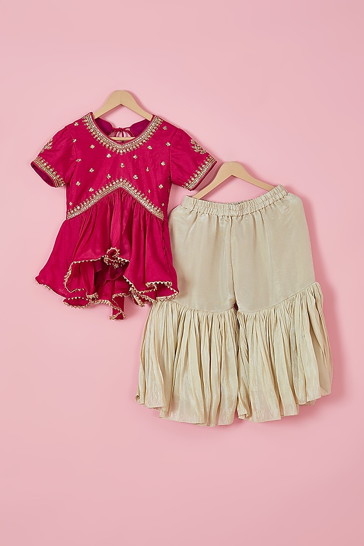 Beige Silk & Tussar Silk Embroidered Sharara Set For Girls by Li'l Angels at Pernia's Pop Up Shop