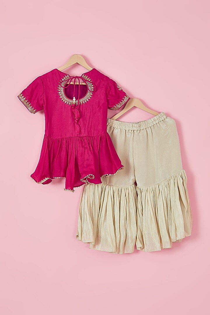 Beige Silk & Tussar Silk Embroidered Sharara Set For Girls by Li'l Angels at Pernia's Pop Up Shop