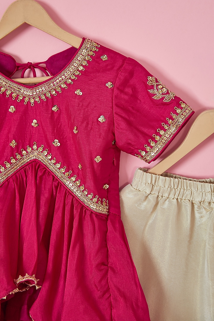 Beige Silk & Tussar Silk Embroidered Sharara Set For Girls by Li'l Angels at Pernia's Pop Up Shop