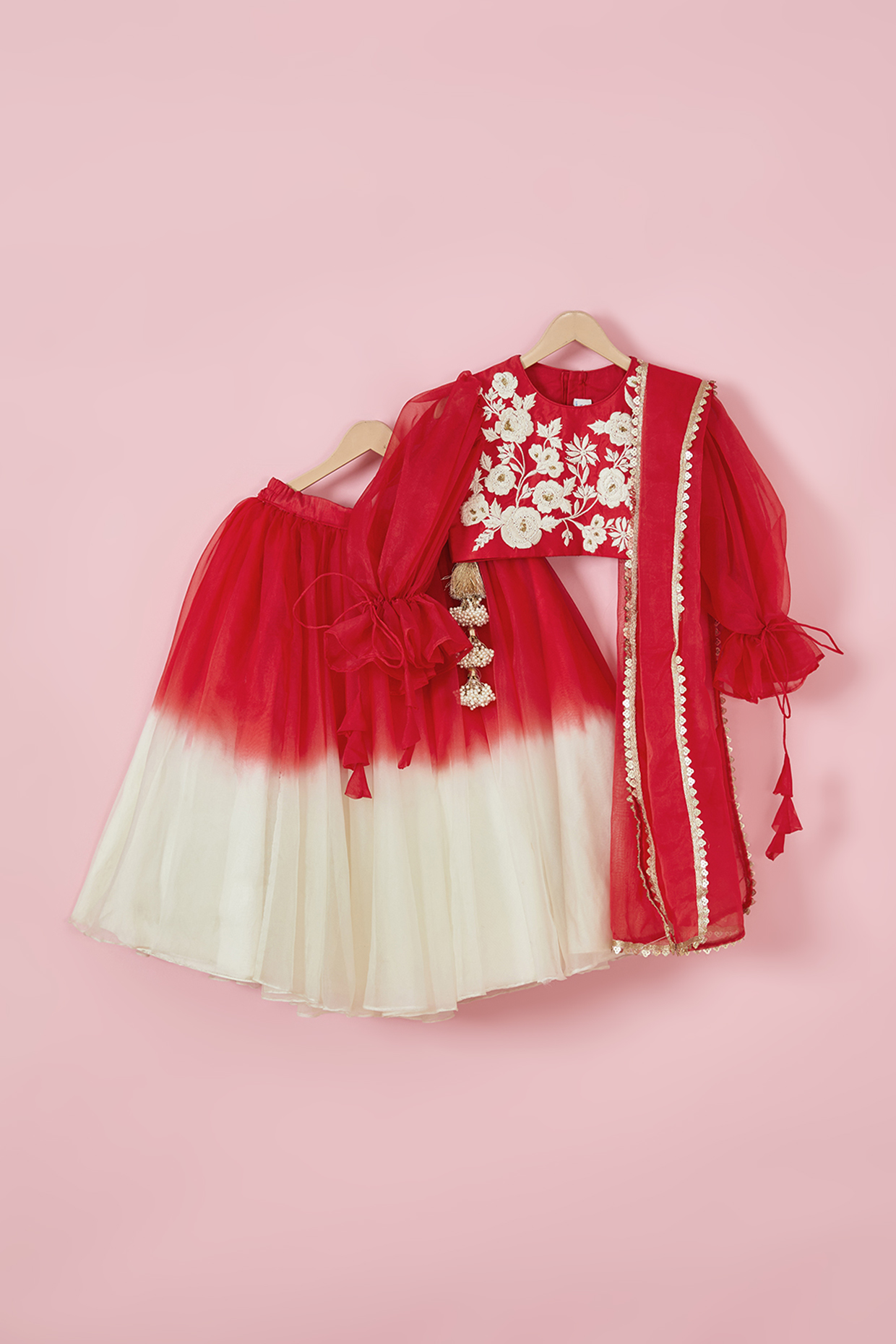 Red & Off-White Silk Embroidered Lehenga Set For Girls by Li'l Angels at Pernia's Pop Up Shop