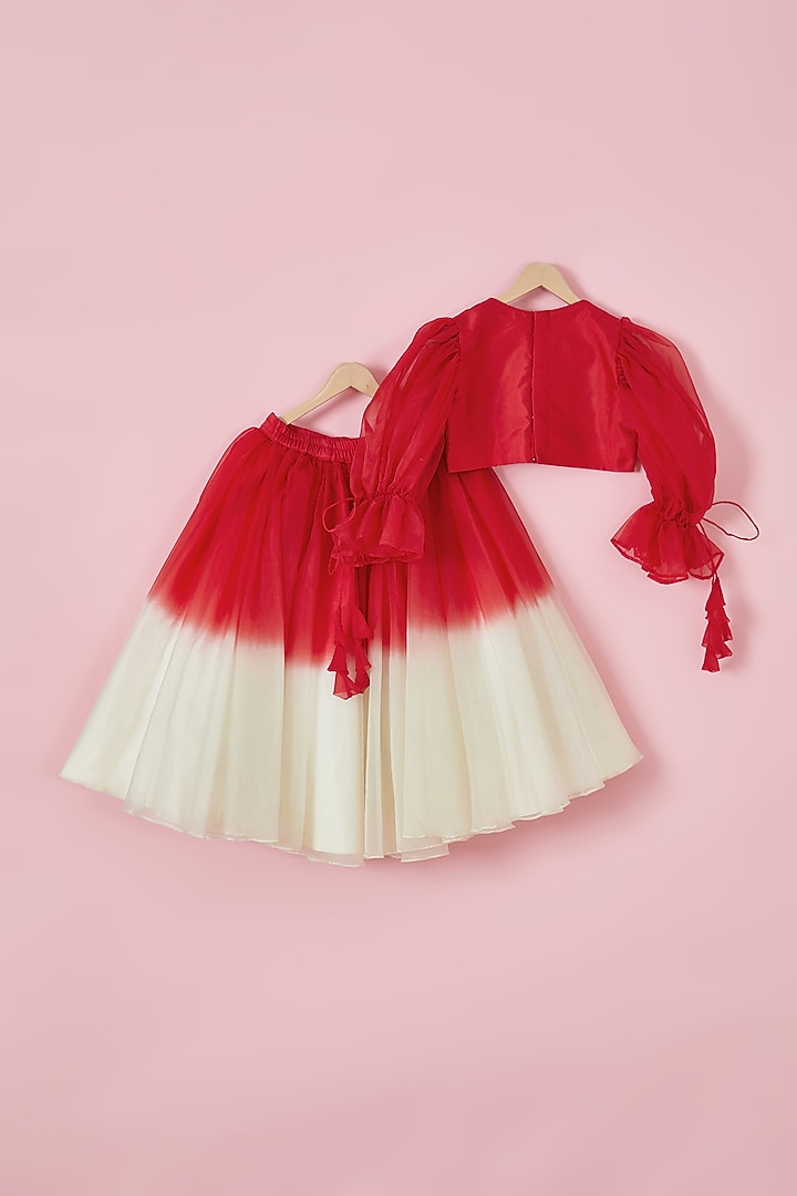 Red & Off-White Silk Embroidered Lehenga Set For Girls by Li'l Angels at Pernia's Pop Up Shop