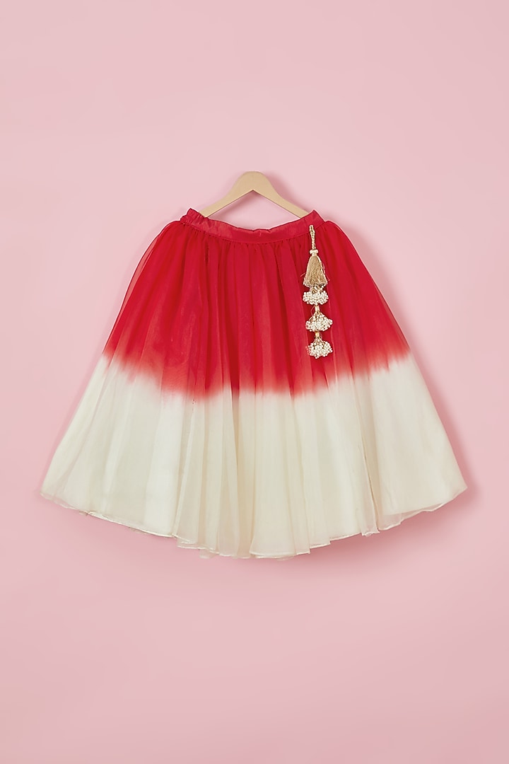 Red & Off-White Silk Embroidered Lehenga Set For Girls by Li'l Angels at Pernia's Pop Up Shop