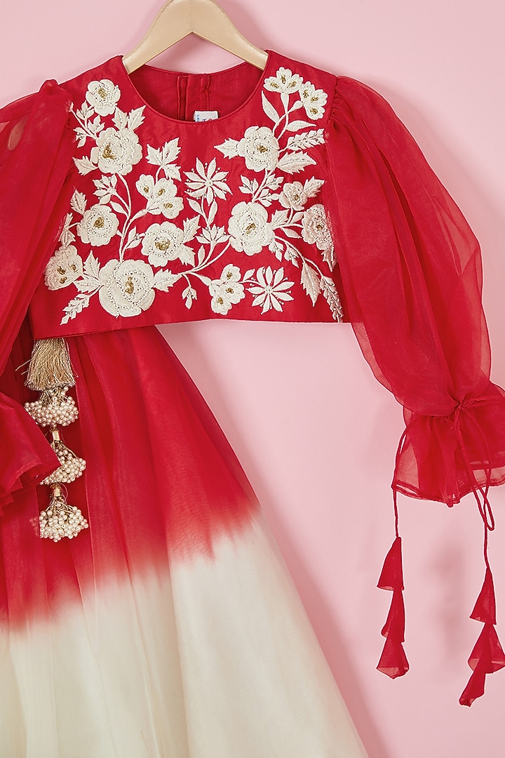 Red & Off-White Silk Embroidered Lehenga Set For Girls by Li'l Angels at Pernia's Pop Up Shop