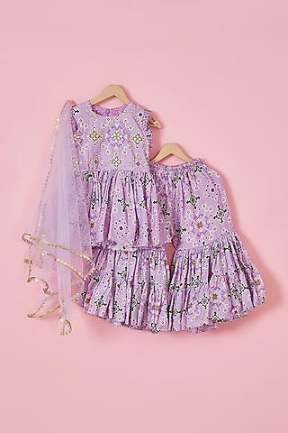Light Purple Silk Hand Embroidered Sharara Set For Girls by Li'l Angels