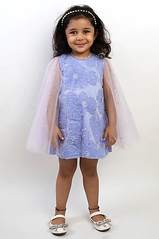 Lilac Net Embroidered Cape Dress For Girls by Li'l Angels