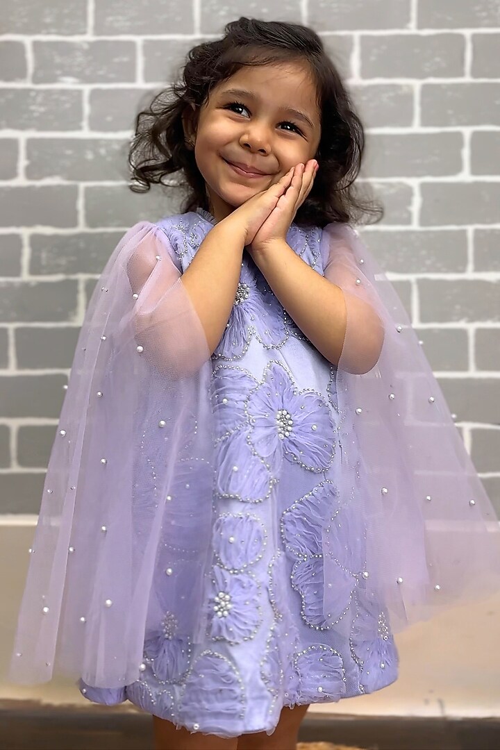 Lilac Net Embroidered Cape Dress For Girls by Li'l Angels at Pernia's Pop Up Shop