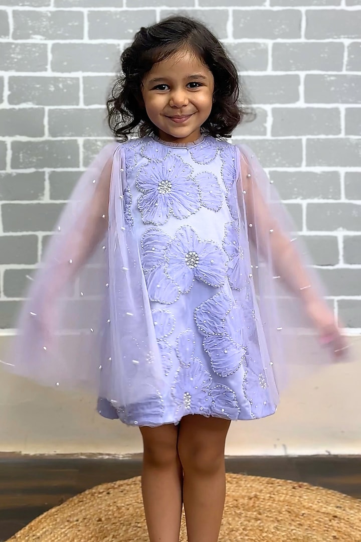 Lilac Net Embroidered Cape Dress For Girls by Li'l Angels at Pernia's Pop Up Shop