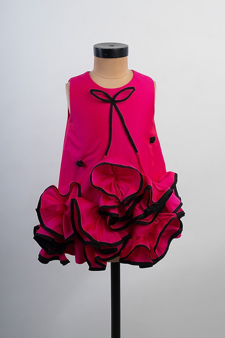 Pink & Black Silk Ruffled Dress For Girls by Li'l Angels at Pernia's Pop Up Shop