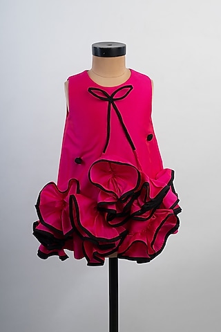 Pink & Black Silk Ruffled Dress For Girls by Li'l Angels