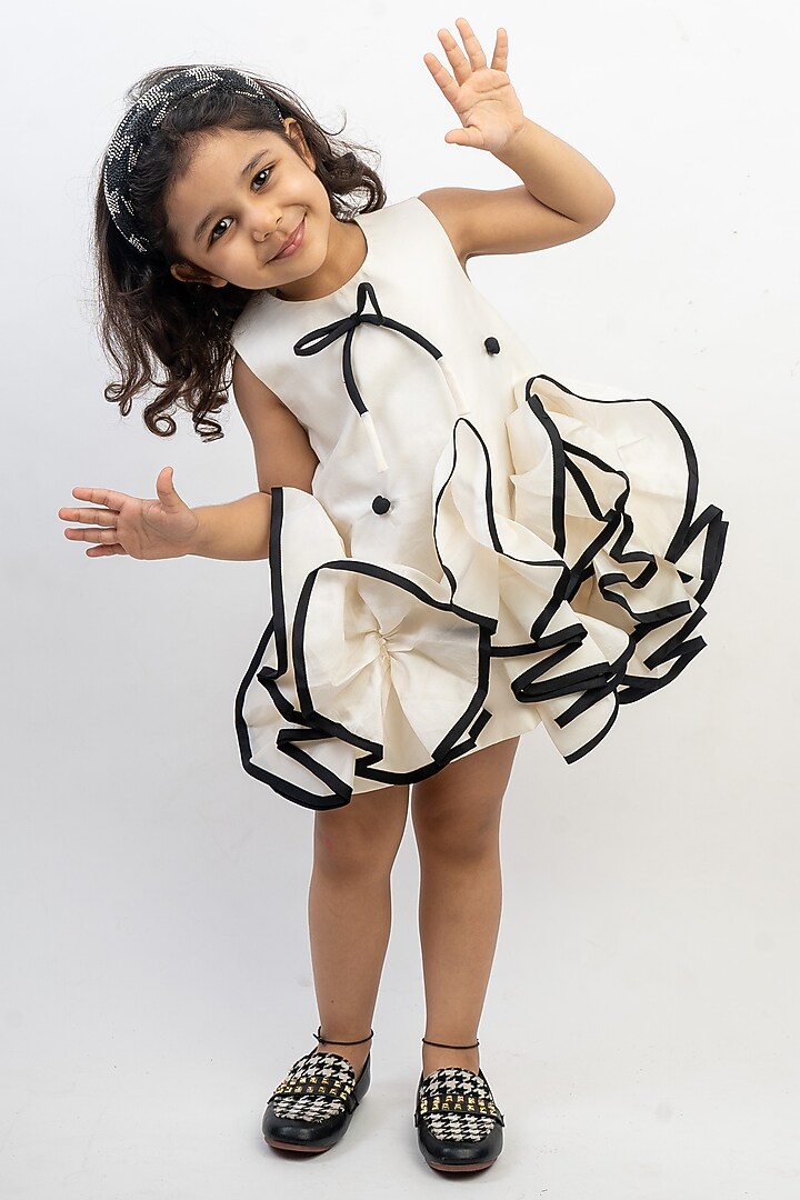 White & Black Silk Ruffled Dress For Girls by Li'l Angels at Pernia's Pop Up Shop