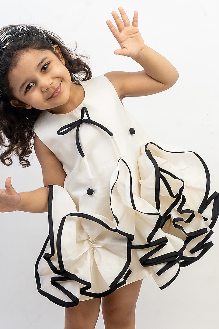 White & Black Silk Ruffled Dress For Girls by Li'l Angels at Pernia's Pop Up Shop