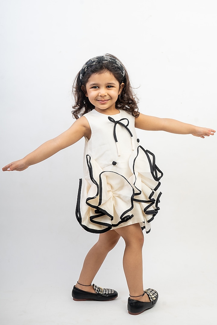 White & Black Silk Ruffled Dress For Girls by Li'l Angels at Pernia's Pop Up Shop