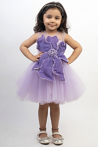 Lilac Net Draped Dress For Girls by Li'l Angels