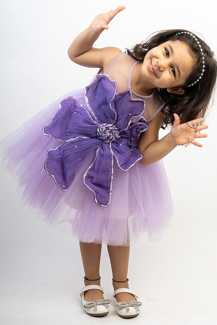 Lilac Net Draped Dress For Girls by Li'l Angels at Pernia's Pop Up Shop