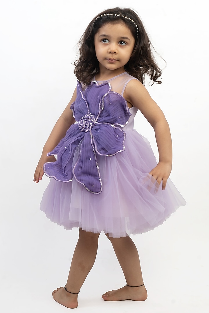 Lilac Net Draped Dress For Girls by Li'l Angels at Pernia's Pop Up Shop
